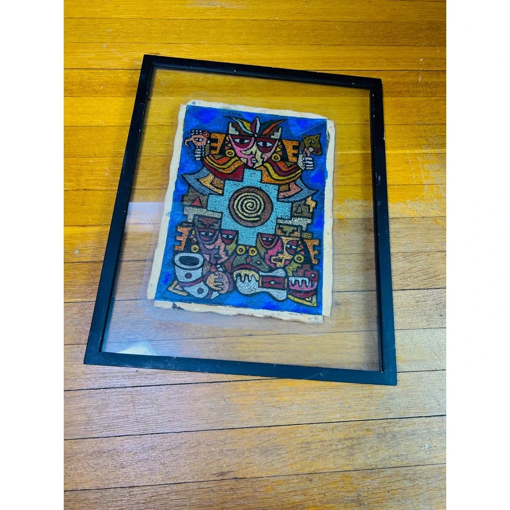 Peruvian Leather Folk Art Framed‎ Paracas Nazca Style Cusco Painting 21x17